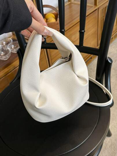 حقيبة دلو ميني جلد صناعي مطرز ليتشي أبيض أنيق