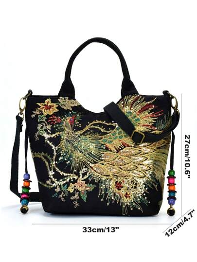 حقائب بمقبض علوي طاووس مطرز مزخرف بترتر البوليستر الموضة