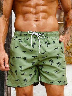 Manfinity Swimmode شورتات سباحة مع خصر رباط مطبوع عليها أشجار جوز الهند والطيور بنمط هاواي للرجال