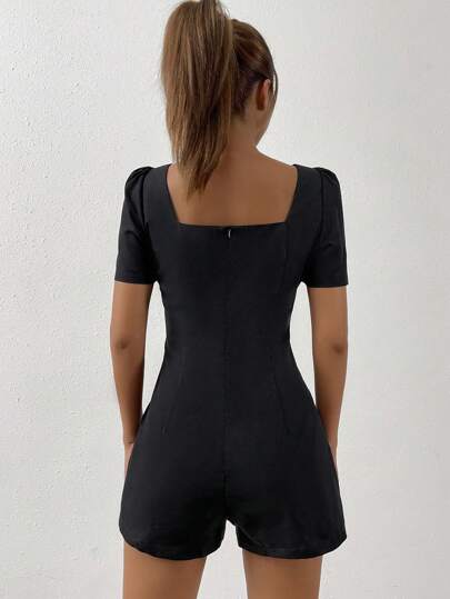 EZwear رومبير ياقة مربع اكمام منتفخة