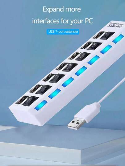 1 قطعة مادة Abs 7 منافذ فردية محور Usb مع ضوء، متوافق مع أجهزة الكمبيوتر والهواتف والكاميرات وأجهزة Usb الرقمية الأخرى