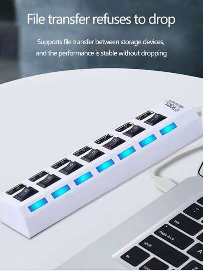 1 قطعة مادة Abs 7 منافذ فردية محور Usb مع ضوء، متوافق مع أجهزة الكمبيوتر والهواتف والكاميرات وأجهزة Usb الرقمية الأخرى