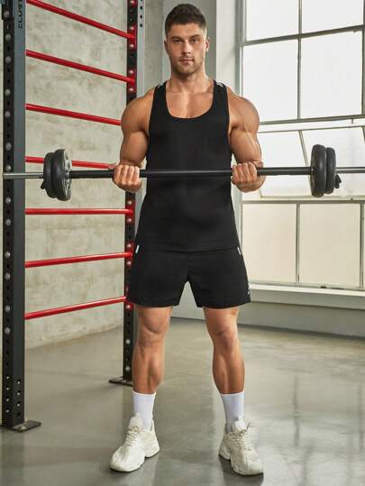 Manfinity Fitness ملابس علوية حزام رياضي بأسلوب الصبي بطباعة رسومية علي الجزء الأمامي ،حزمة ملابس علوية رياضية للتدريب