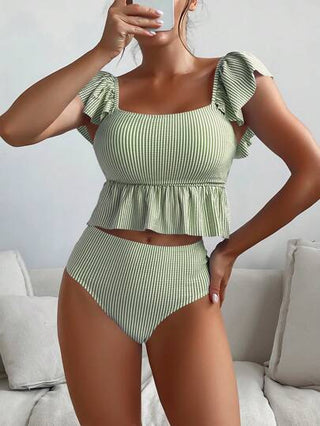 طقم تانكيني حريمي Swim Basics تانكيني خصر عالي بتزيين كشكش مخطط صيفي
