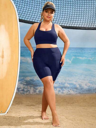 Swim SPRTY سروال بيكيني شريط خصر واسع مع جيب الهاتف الخليوي مقاس كبير