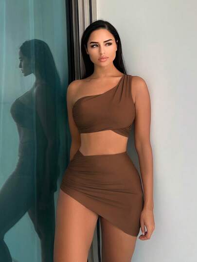 Swim Vcay مجموعة بيكيني مكونة من صدرية كتف واحد وقيعان سباحة بتصميم الشاطئ مع تنورة غطاء شاطئ للملابس السباحة