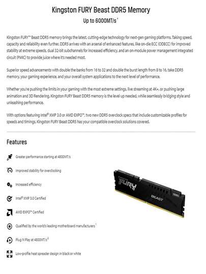KINGSTON Kingston وحش الغضب DDR5 16GB / 32GB 6000MHz ذاكرة الوصول العشوائي للكمبيوتر المكتبي المتحمسين للألعاب (أسود)