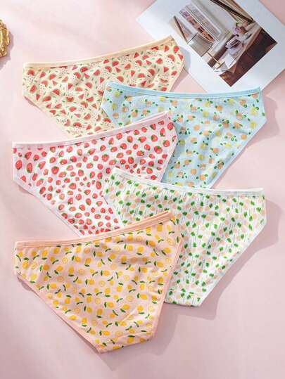 Shein Underwear&Sleepwear Basics طقم سروال داخلي طباعة فاكهة 5 قطع
