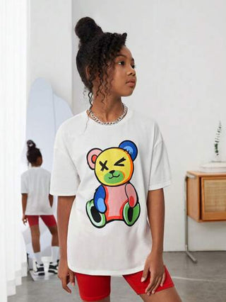 girls-sets بنات طباعة بالدب تي شيرت منخفض الاكتاف & شورت ركوب الدراجات النارية