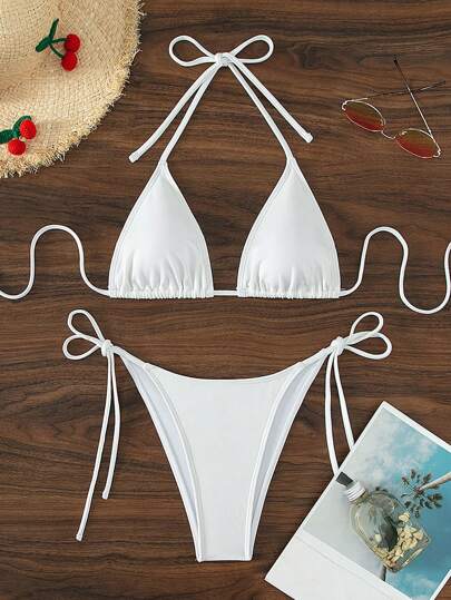 Swim Basics بيكيني من قطعتين للنساء بحمالات رفيعة وربطة جانبية جذابة، لون أبيض، قماش خاص لموسم الربيع/الصيف 2026