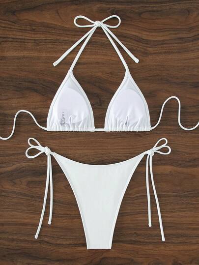 Swim Basics بيكيني من قطعتين للنساء بحمالات رفيعة وربطة جانبية جذابة، لون أبيض، قماش خاص لموسم الربيع/الصيف 2026