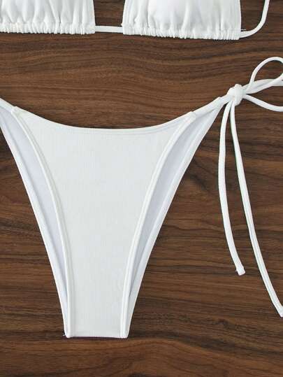 Swim Basics بيكيني من قطعتين للنساء بحمالات رفيعة وربطة جانبية جذابة، لون أبيض، قماش خاص لموسم الربيع/الصيف 2026