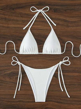 Swim Basics بيكيني من قطعتين للنساء بحمالات رفيعة وربطة جانبية جذابة، لون أبيض، قماش خاص لموسم الربيع/الصيف 2026