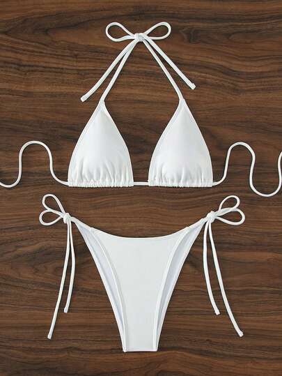 Swim Basics بيكيني من قطعتين للنساء بحمالات رفيعة وربطة جانبية جذابة، لون أبيض، قماش خاص لموسم الربيع/الصيف 2026