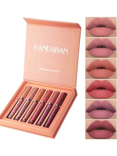 HANDAIYAN 6 قطع/مجموعة طقم لمعة شفاه مطفأة، مقاوم للماء وغير لاصق، مجموعة شائعة من لمعة الشفاه المطفأة وصبغة الشفاه (2.5 مل * 6) - هالوين، عيد الميلاد، مكياج يومي، صندوق هدايا الحرم الجامعي