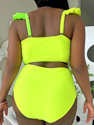 SHEIN Slayr طقم سباحة (تانكيني) بفتحة رقبة كبيرة، بأكمام مطوية مزينة بكشكشة باللون الأخضر الفسفوري، للصيف