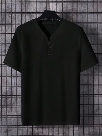 Manfinity Homme تي شيرت موحدة اللون ياقة مفتوح للرجال