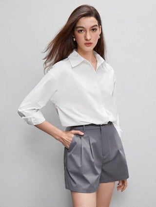 BizChic قميص عمل أبيض للنساء بياقة منخفضة وذيل منحني، قميص أبيض طويل الأكمام كاجوال مفتوح من الأمام وكبير الحجم للنساء، قميص أبيض طويل الأكمام للربيع والخريف للعمل والأعمال المهنية، بلوزة أبيض مفتوحة الأمام عصرية للتنقل