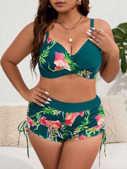 Swim Lushoire مجموعة بيكيني بطبعات استوائية بحجم زائد لصيف الشاطئ مع دفع الصدر لأعلى