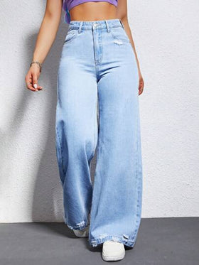 SHEIN EZwear بنطلون جينز بساق عريض ممزق خصر عالي