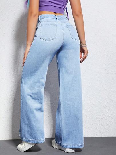 SHEIN EZwear بنطلون جينز بساق عريض ممزق خصر عالي