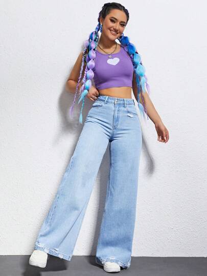 SHEIN EZwear بنطلون جينز بساق عريض ممزق خصر عالي