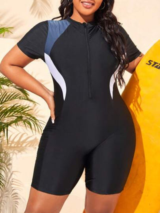 Swim SPRTY ملابس سباحة قطعة واحدة ألوان متباينة سستة امامي مقاس كبير