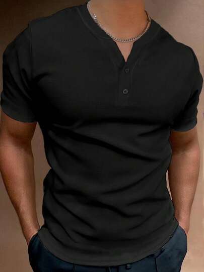 Manfinity Homme تي شيرت موحدة اللون ياقة مفتوح للرجال