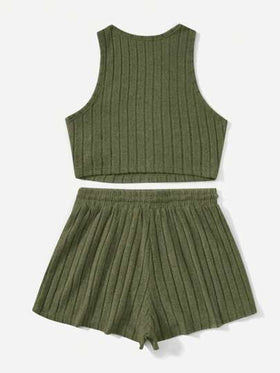 SHEIN EZwear تفاصيل مرقع بعبارة لباس علوي تانك & رباط خصر بنطلون قصير