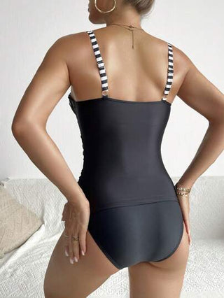 طقم تانكيني حريمي Swim تانكينى بتأثير الضغط المجعد المخطط لصيف الشاطئ