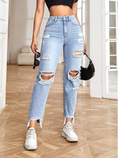SHEIN EZwear بنطلون جينز ام خصر عالي ممزق حافة خام