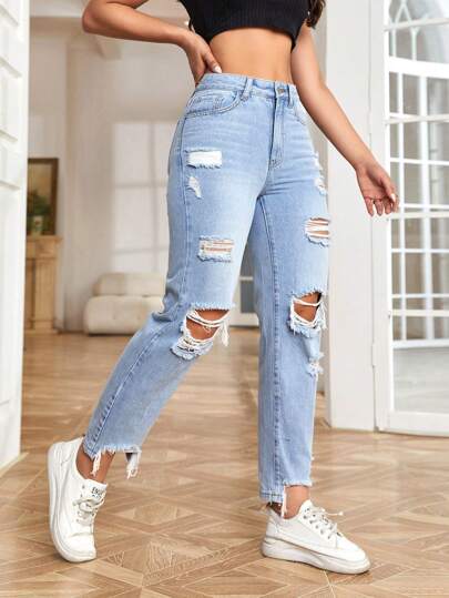 SHEIN EZwear بنطلون جينز ام خصر عالي ممزق حافة خام