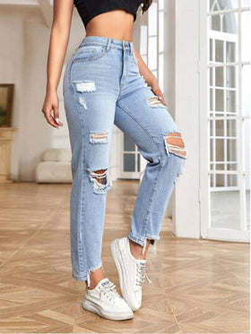 SHEIN EZwear بنطلون جينز ام خصر عالي ممزق حافة خام