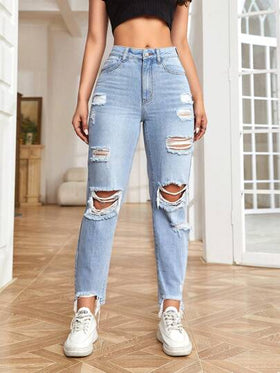 SHEIN EZwear بنطلون جينز ام خصر عالي ممزق حافة خام