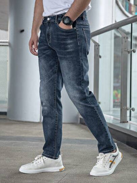 جينز بساق مستقيم جيب مائل ضعيف للرجال