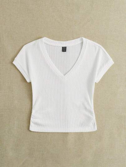 EZwear تي شيرت قصير موحدة اللون محبوك مضلع
