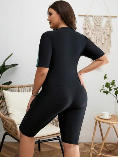 Swim SPRTY ملابس سباحة قطعة واحدة ألوان متباينة سستة امامي مقاس كبير