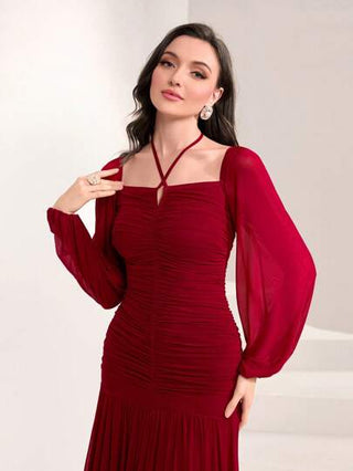 Modelyn فستان سهرة طويل من الشبكة ذو أكمام فانوس وحزام خلفي بلون أحمر بورجندي