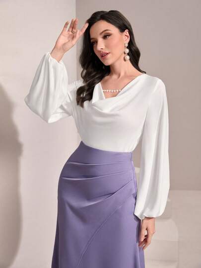 Modelyn بلايز نسائية الخرزة شكل الستارة اللؤلؤ الصاف أنيقة