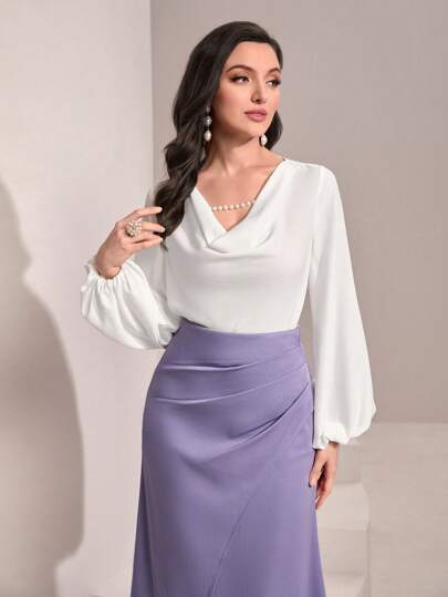 Modelyn بلايز نسائية الخرزة شكل الستارة اللؤلؤ الصاف أنيقة
