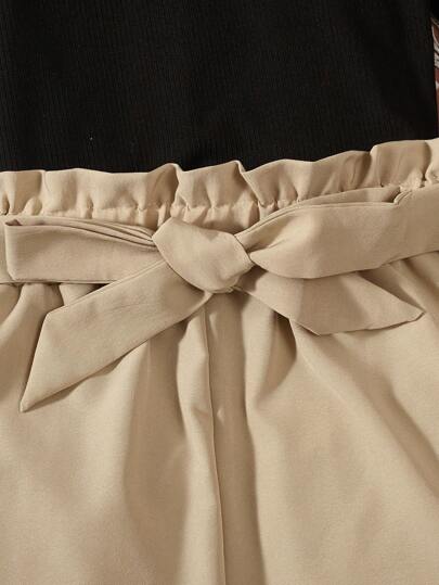 SHEIN تي شيرت كاجوال للفتيات الصغيرات مع كتف منكشف وبنطلون مع رباط في الخصر