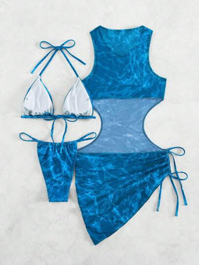 SHEIN Swim ملابس سباحة بيكيني مثلث برسن طباعة شامل مع لباس ساحلي