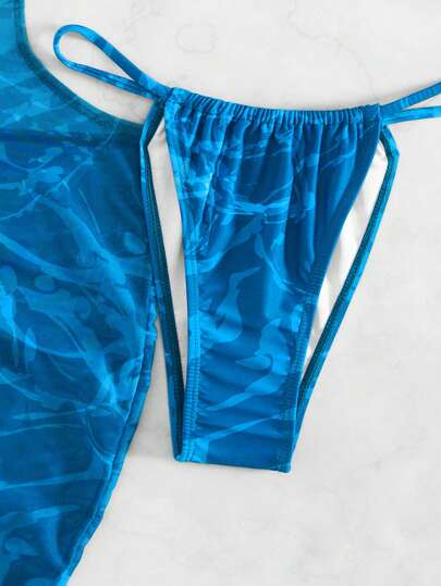 SHEIN Swim ملابس سباحة بيكيني مثلث برسن طباعة شامل مع لباس ساحلي