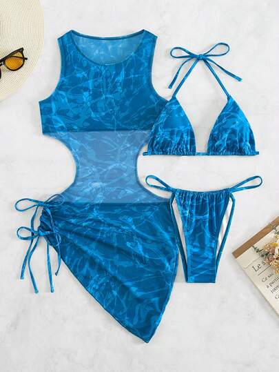 SHEIN Swim ملابس سباحة بيكيني مثلث برسن طباعة شامل مع لباس ساحلي