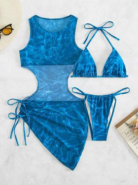 SHEIN Swim ملابس سباحة بيكيني مثلث برسن طباعة شامل مع لباس ساحلي