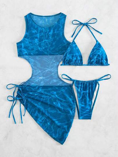 SHEIN Swim ملابس سباحة بيكيني مثلث برسن طباعة شامل مع لباس ساحلي