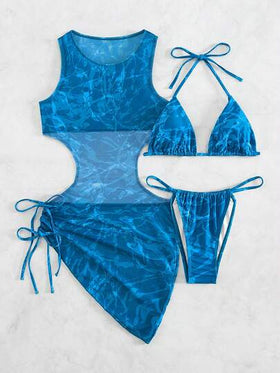 SHEIN Swim ملابس سباحة بيكيني مثلث برسن طباعة شامل مع لباس ساحلي