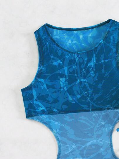 SHEIN Swim ملابس سباحة بيكيني مثلث برسن طباعة شامل مع لباس ساحلي