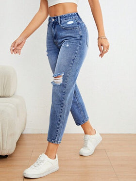 SHEIN Essnce جينز نسائي الجيب ممزق سستة الصاف
