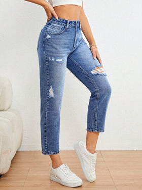 SHEIN Essnce جينز نسائي الجيب ممزق سستة الصاف